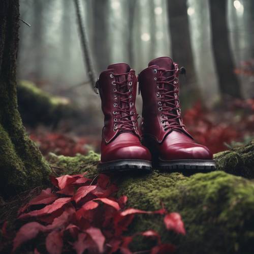 신비로운 안개가 자욱한 숲을 배경으로 한 짙은 빨간색 가죽 부츠입니다.