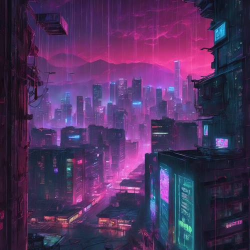 An eerie cyberpunk city viewed from a rain-soaked window at night.