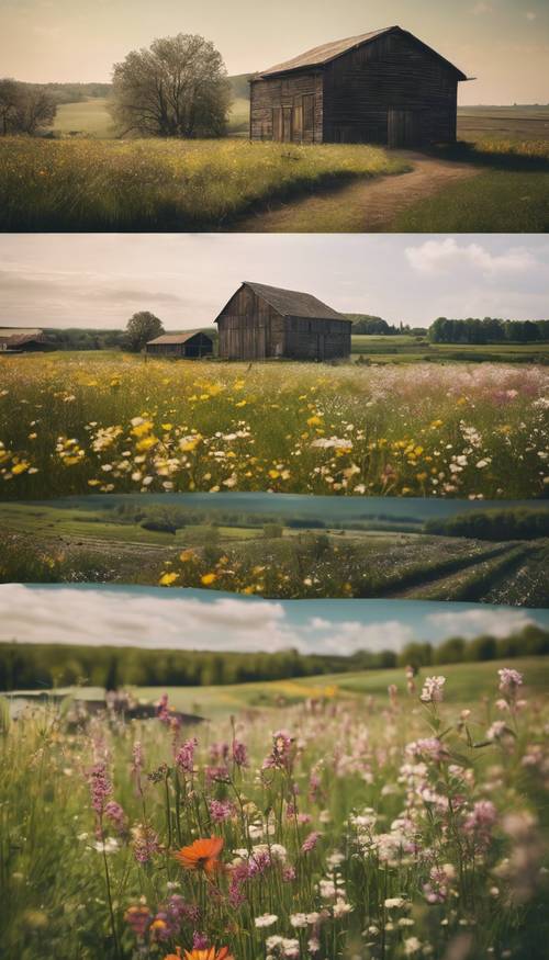 A rustic spring landscape featuring a field of wildflowers with a set of farm buildings nestled in the background.