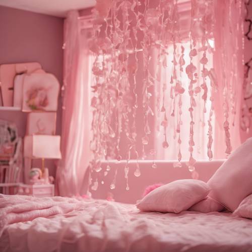 귀여운 요소가 뚝뚝 떨어지는 파스텔 핑크색으로 장식된 심미적으로 기분 좋은 침실입니다.