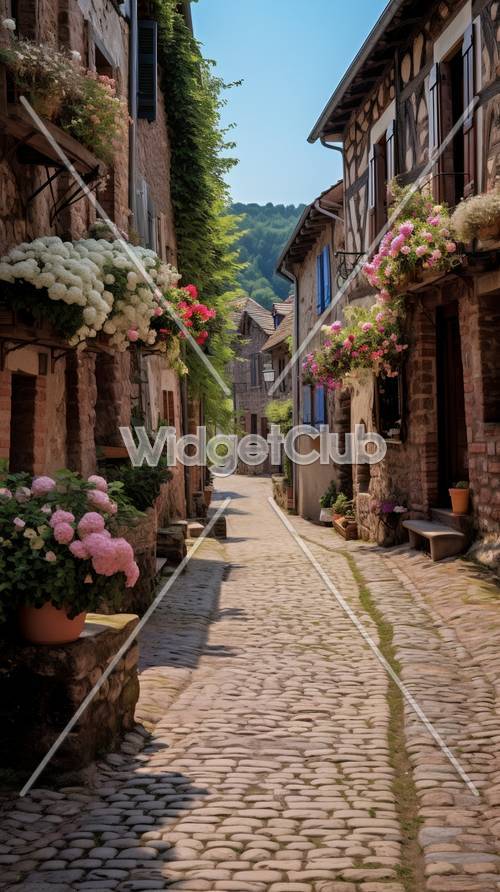 Charmosa rua de pedras com flores coloridas