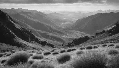 Uma imagem desbotada em preto e branco de montanhas ao longe, evocando o espírito da exploração do século XIX&quot;.