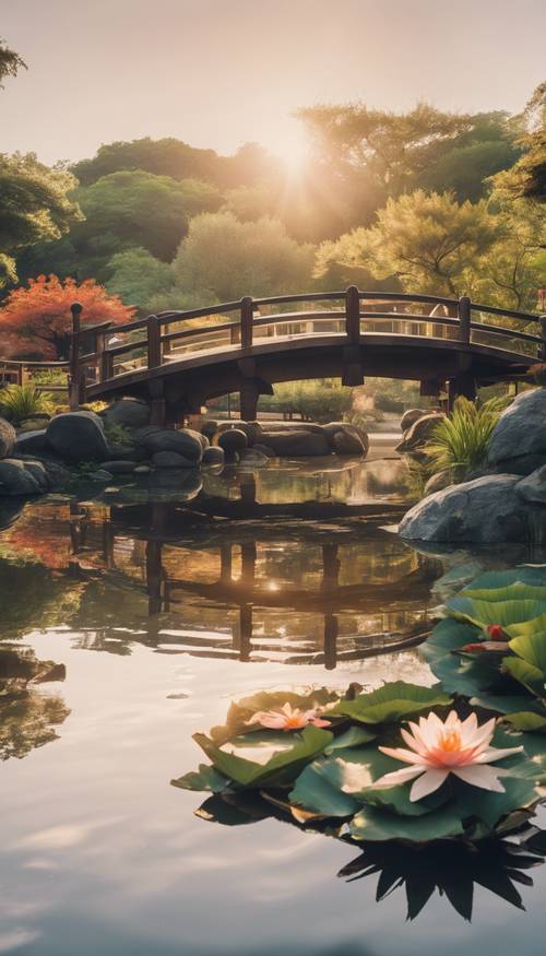 Спокойствие окутывает японский ботанический сад с традиционным деревянным пешеходным мостом через тихий пруд с кои на рассвете.