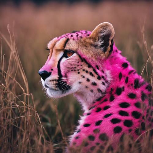 A disheartened hot pink cheetah, licking its wounds after an unsuccessful hunt, sitting in tall grass illuminated by a full moon. Wallpaper [9ca9610a6baf40a9ae52]