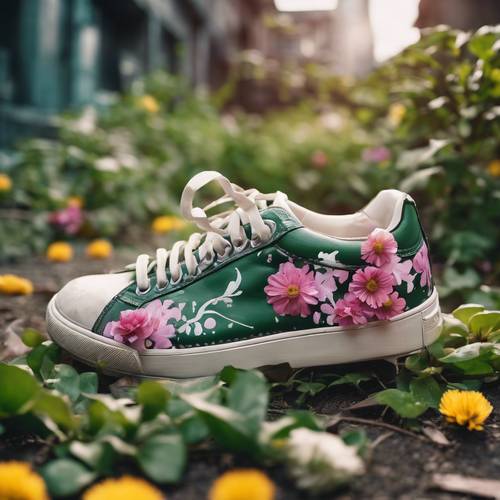 A single sneaker filled with blossoming flowers and green vines, displaying the beauty of nature in urban decay.