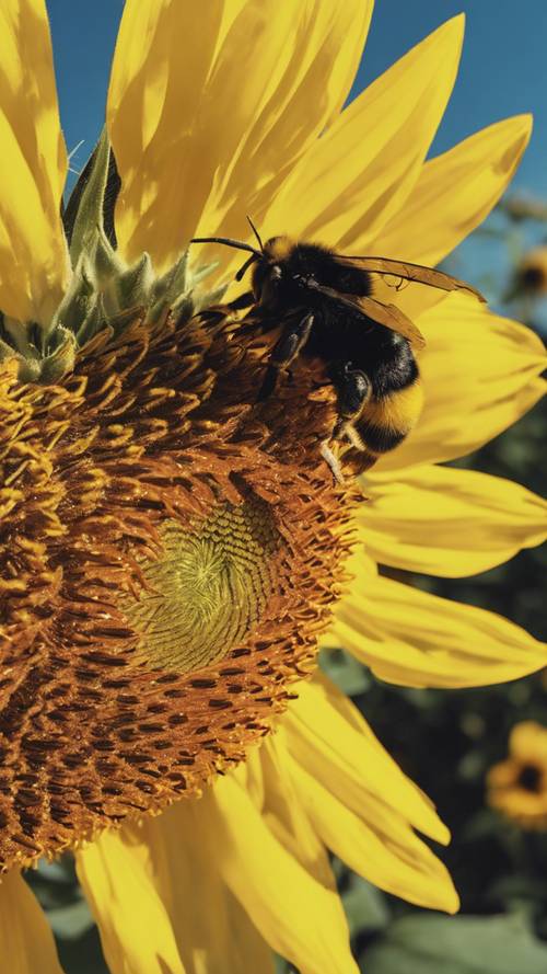 在陽光明媚的日子裡，一隻黑色和黃色的大黃蜂從亮黃色的向日葵中吸取花蜜。