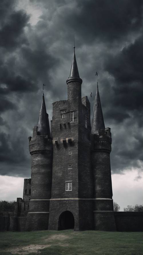 Duży zamek z czarnej cegły wyłaniający się złowieszczo pod burzliwym niebem.