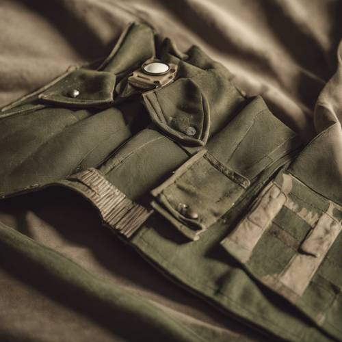 Imagen antigua en tono sepia de un uniforme militar de camuflaje verde de la Segunda Guerra Mundial.