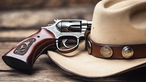 Un primo piano dettagliato di un cappello da cowboy, speroni e una fondina in pelle con un revolver.