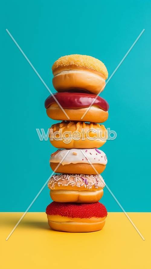 Pila de donuts de colores sobre fondo azul brillante