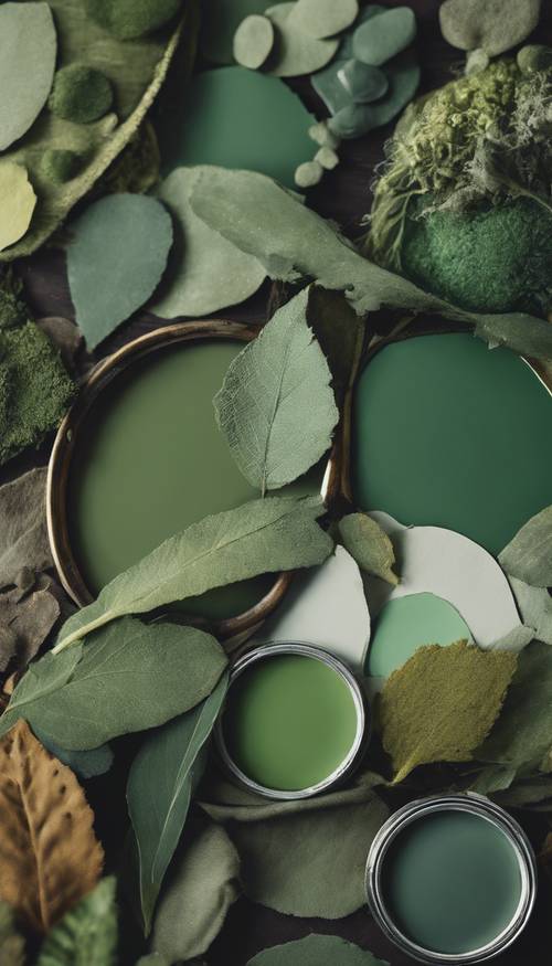La tavolozza di un pittore con sfumature miste di verde, tra cui verde salvia, verde foglia e verde foresta.