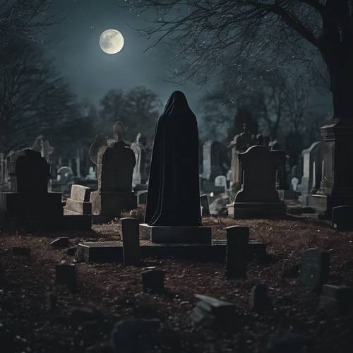 Pemandangan hantu mengerikan berdiri di tengah-tengah batu nisan di kuburan yang diterangi cahaya bulan. Wallpaper [ea65289884a34d69a6eb]