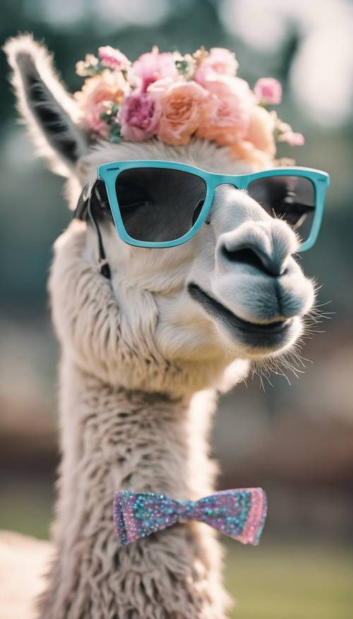 A pastel aesthetic image of a laughing llama wearing sunglasses and a bowtie. Tapeta [eccf65f022844a898ef6]