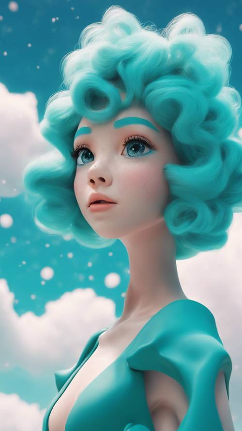 A bright teal Kawaii-inspired character with large, starry eyes filled with wonder, standing against a backdrop of fluffy clouds in a clear blue sky.