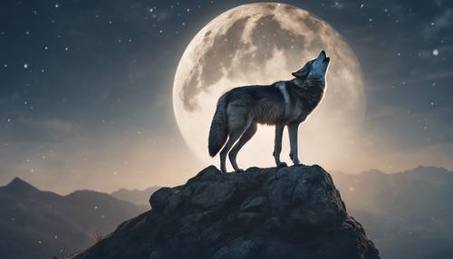A lonely wolf howling at the full moon on a deserted mountain peak. Wallpaper [1b2f7895598c427ea086]