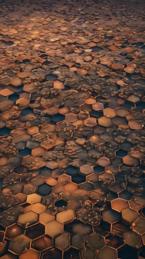 Una vista aérea de campos con dibujos geométricos de panal con el telón de fondo de un cielo crepuscular.