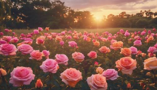 バイカラーのトロピカルバラが咲き乱れる牧草地に広がる心地よい夕日 - 壁紙