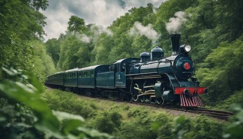 Ein alter marineblauer Dampfzug fährt durch einen Wald mit intensiv grünem Laub.