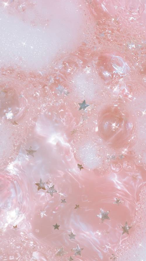 ピンクのキラキラした水と泡、銀の星の壁紙 壁紙 [e8359773fbcf441cb92c]