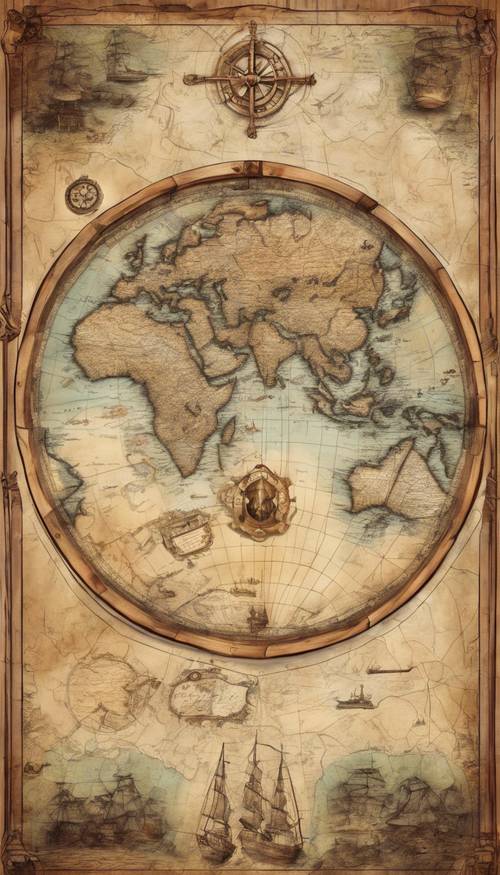 一幅航海地圖，描繪了傳奇的海盜路線和寶藏島嶼，裝在質樸的木框裡