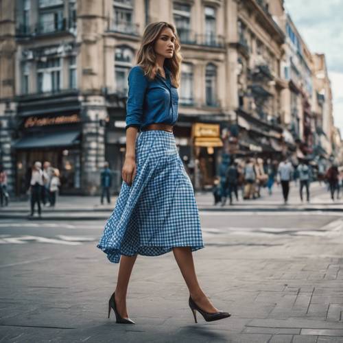 Mujer elegante con una falda a cuadros azul caminando por una calle muy transitada.