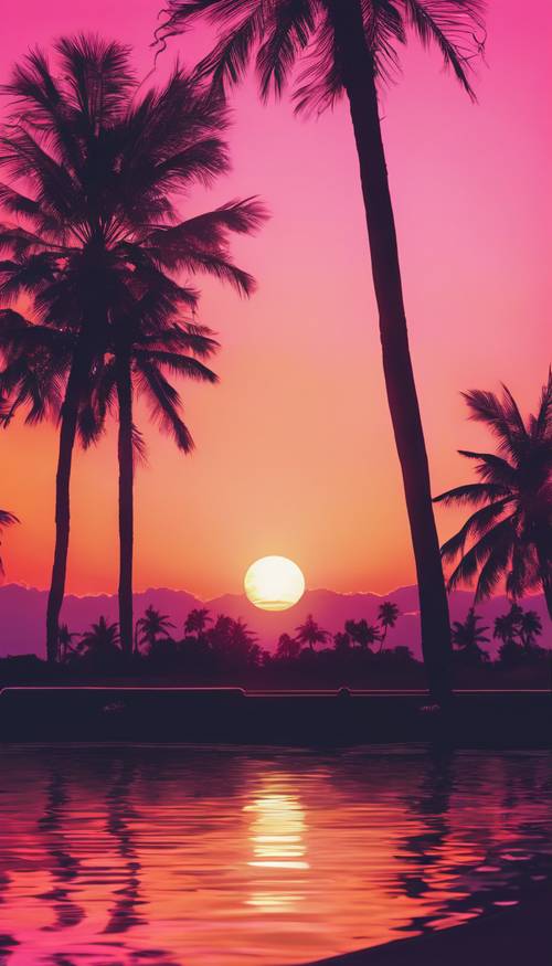 Parlayan ufkun önünde palmiye ağaçlarının silüetinin yer aldığı, 80&#39;lerden ilham alan neon ışıklı bir gün batımı.