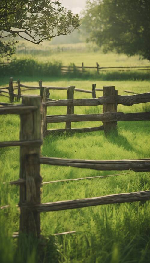 An old wooden fence dividing a boundless pasture of bright green grass. Tapet [c03e2c21ad2a4c258f48]