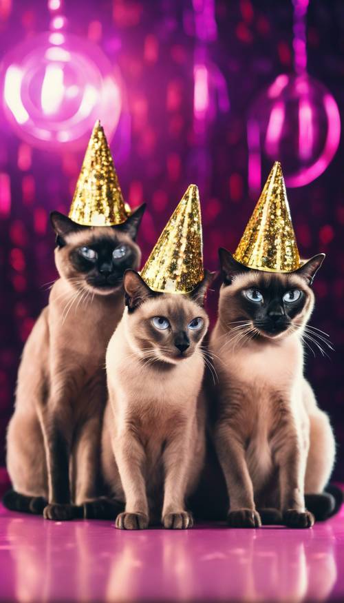 Un grupo de delgados gatos siameses posando con brillantes sombreros de fiesta Y2K sobre un fondo de bola de discoteca brillante.