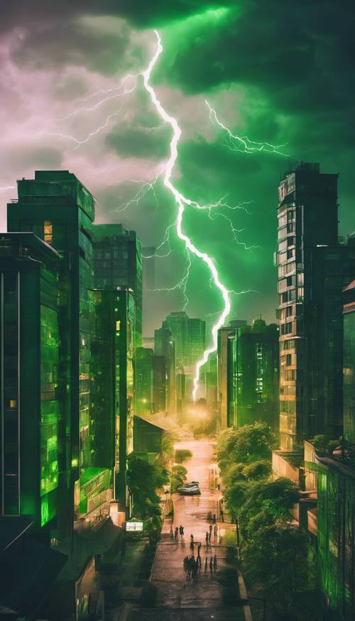 Silhouette einer Stadtlandschaft vor dem Hintergrund leuchtend grüner Blitze.