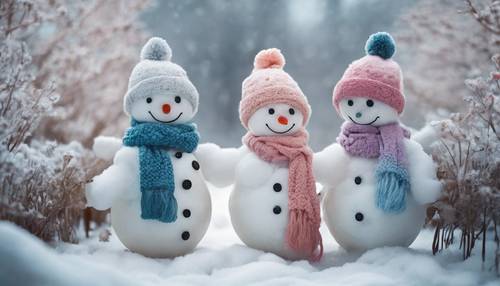 Três bonecos de neve com cachecóis, chapéus e botões em tons pastéis, juntos em um jardim congelado.