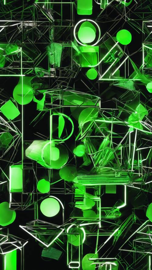 Abstract neon green geometric shapes floating against a black backdrop.