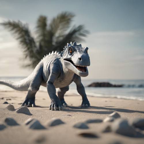 Eine Weitwinkelaufnahme eines grauen Dinosauriers, der gemütlich am Strand entlang schlendert.