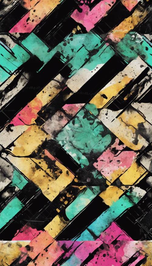 A seamless pattern inspired by grunge fashion, using a vivid color palette on a black background.