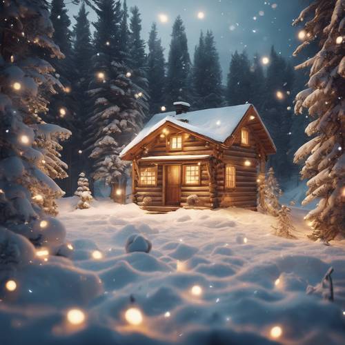 A dreamy Christmas scene of a rustic cabin surrounded by snow-engulfed pine trees, warmly illuminated by string lights.