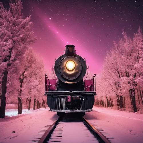 An old-fashioned railroad train under a starlit sky, lit with pink Christmas lights. Tapet [ab28af3c3bc844b5bd22]