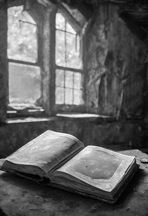 Un viejo libro de tapa dura en blanco y negro, acumulando polvo en un ático abandonado