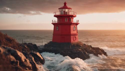 Красный маяк на скале с видом на бурное море во время заката.
