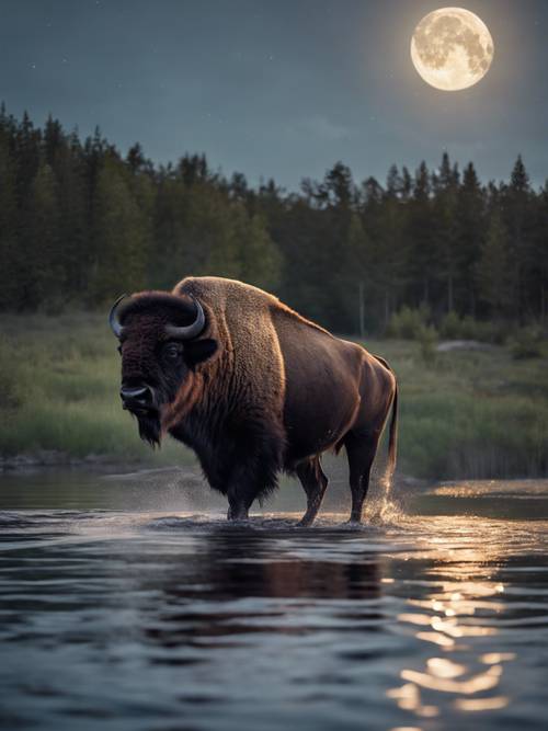 Bison crossing a calm river under the moonlight, causing gentle ripples in the water.