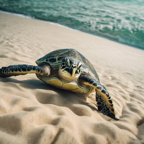 A green sea turtle with a beak-like mouth, cruising across a sandy sea floor.