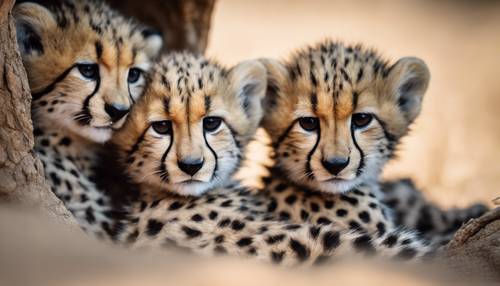 Новорожденные детеныши гепарда, на коже которых только начинают проявляться намеки на культовый серый гепардовый отпечаток, свернулись в берлоге.