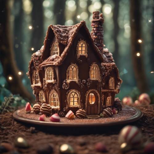 Bajkowa scena przedstawiająca czekoladowy dom w magicznym lesie z dekoracjami cukierkowymi.