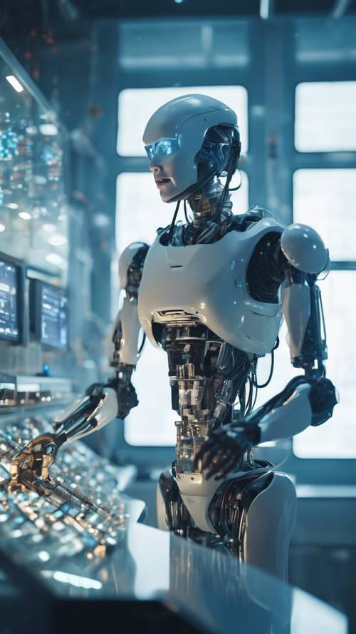 Một nhà khoa học robot tương lai đang làm việc trong phòng thí nghiệm công nghệ cao, được chiếu sáng rực rỡ, được bao quanh bởi các màn hình kỹ thuật số lơ lửng.