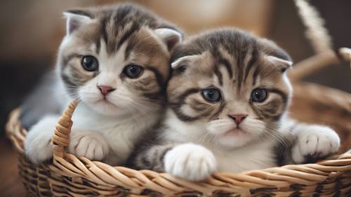 ลูกแมวสก็อตติชโฟลด์น่ารักสองตัวนอนแนบชิดกันในตะกร้าสานอันแสนสบาย