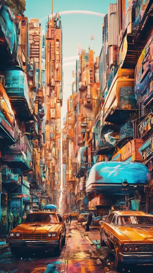 A vibrant and edgy street art style illustration of a futuristic city. Tapeta [be2efde089e34ac79949]