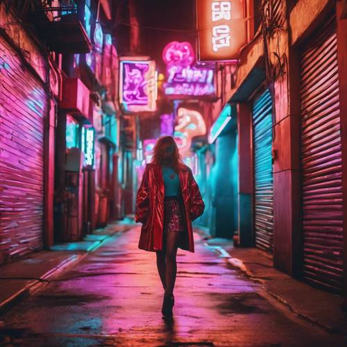 An alleyway with a woman dressed in 80s fashion under the glow of neon lights.