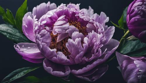 Bunga peony ungu dengan kelopaknya terbuka penuh memperlihatkan bagian tengahnya yang rumit.