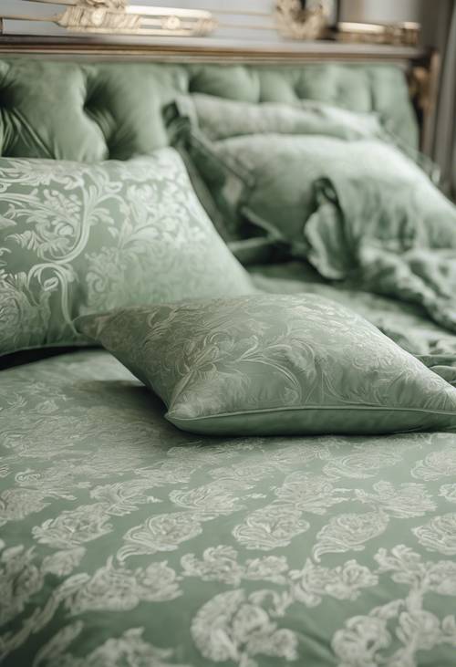 Un patrón de damasco verde salvia que adorna un juego de cama de lujo.