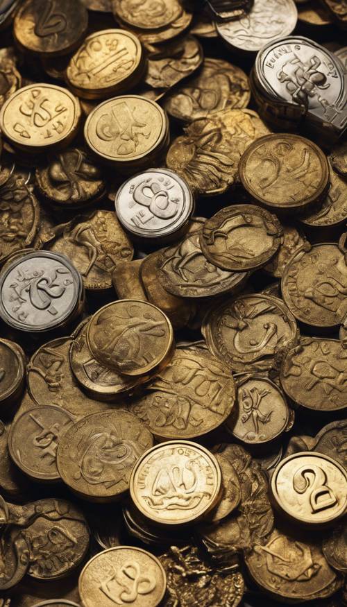 A cascade of glittering coins from a vintage lockbox. Behang [9ba94a397da8412fb498]