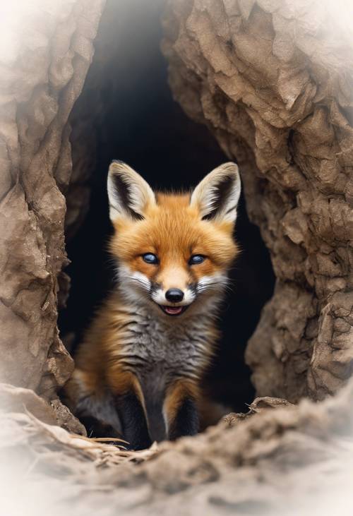 一隻可愛的狐狸幼崽打著哈欠，準備在舒適的巢穴裡小睡。