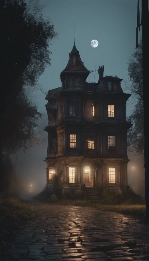 An ancient haunted house at the end of a narrow, foggy street under a full moon.
